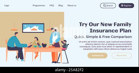Family insurance plan with quick simple and free comparison. Protection and safety for parents and children, kids and mom and dad. Website landing page template, internet site. Vector in flat style. Try our new family insurance plan, comparison Stock Vector