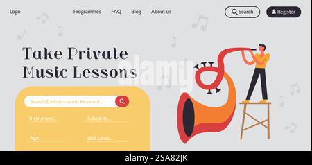 Take private music lessons. Classical trumpet playing, jazz improvisation. Develop musical instrument skills and reach musical goals. Website landing page template, internet site. Vector in flat style. Private music lessons on trumpet, website page Stock Vector
