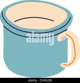 Metal mug with handle, isolated light cup for trips, traveling and camping or hiking. Kitchenware, bowl shaped container for liquid, drinks and hot beverages. Vector in flat style illustration. Cup with handle for hiking and camping, vector Stock Vector