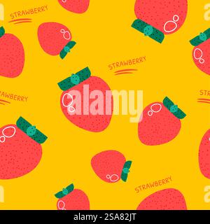 Exotic and tasty organic and natural strawberries. Fruit with leaf, ripe meal from garden, summer food ornament, fruity decor. Seamless pattern, wallpaper or background print. Vector in flat style. Ripe strawberries, fruits meal seamless pattern Stock Vector