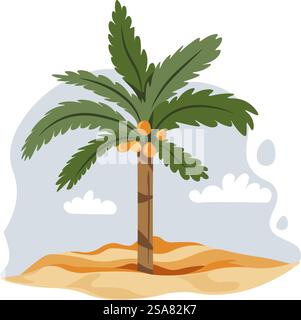 Tropical beach with exotic vegetation and sand. Isolated landscape of tropics palm tree with large leaves and coconuts. Tourism and vacation, rest on weekend by seaside. Vector in flat style. Exotic palm with coconuts, tropical beach vector Stock Vector