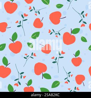 Tasty and organic ingredients, apples with leaves. Garden or farm fruits for eating and detoxing, dieting menu and snacks. Seamless pattern, background print or wallpaper. Vector in flat style. Ripe apple fruits, tasty and organic ingredients Stock Vector