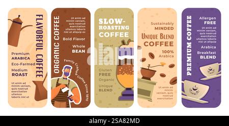 Package design set for organic coffee advertising. Colorful tag collection with product quality sign, vector illustration. Beverage product label with coffee cup, jezve and barista man. Package design set for organic coffee advertising Stock Vector