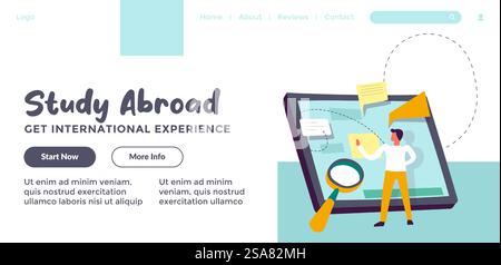 Get international experience while studying abroad. Start now and get more information about education course and disciplines. Website landing page template, internet site. Vector in flat style. Study abroad get international experience web Stock Vector