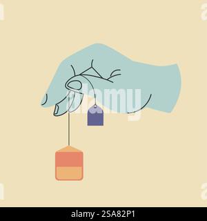 Hand holding teabag with label of brand. Isolated arm, personage making tea warm beverage. Brewing drink for breakfast using crushed herbs and leaves powder in small bag. Vector in flat style. Arm holding teabag, brewing warm beverage vector Stock Vector