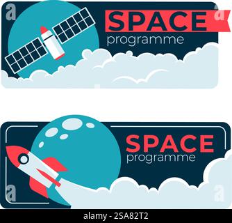 Spaceship and rocket in cosmos, space program and satellite. Exploration and discovery of outer galaxies and universe. Banners with shuttles and planets, celestial bodies. Vector in flat style. Space program and exploration, spaceship vector Stock Vector