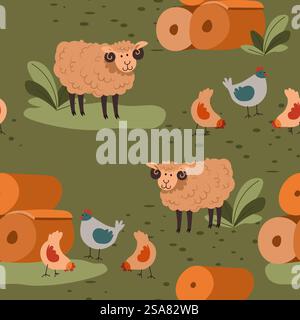 Farming and growing animals, sheep and chickens on field with hay and grass. Agriculture and farm ecological production. Seamless pattern print, background or wallpaper. Vector in flat style. Sheep and chicken on field, seamless patterns Stock Vector