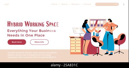 Everything your business needs in one place, hybrid working space. Office with furniture and devices, people cooperating and talking. Website landing page template, internet site. Vector in flat style. Hybrid working space, everything for business Stock Vector