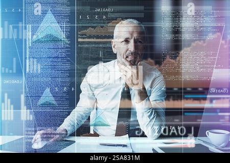 Business man, hologram and software with code, confused or programming for user experience on system at office. Mature person, overlay and stress for Stock Photo