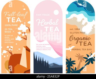 Assortment of varieties of tea from green to rich black, herbal compositions without artificial flavorings. Full leaf and organic. Label or logotype for package, promotional banner. Vector in flat . Different varieties tea, loose leaf, pure herbal Stock Vector