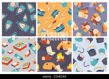 Decorative pattern set with hike equipment elements. Colorful background decoration with camp tent, backpack and dishware. Seamless banner collection, vector illustration. Decorative pattern set with hike equipment elements Stock Vector