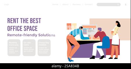 Remote friendly solutions, rent best office space for working. People employees and managers thinking on project completion. Website landing page template, internet site. Vector in flat style. Rent best office space, remote friendly solutions Stock Vector