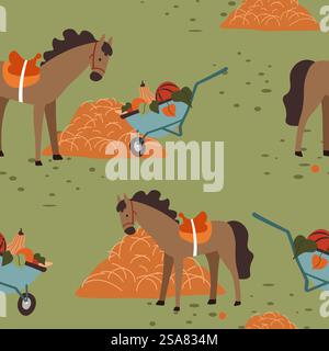 Harvesting season, agriculture and farming routine. Horse with saddle by hay, wheelbarrow with fruits and vegetables from field. Seamless pattern print, background or wallpaper. Vector in flat style. Farming and harvesting, horse by hay, wheelbarrow Stock Vector