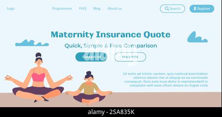 Quick simple and free comparison or maternity insurance quote. Contact us for more information, safety and protection for women. Website landing page template, internet site. Vector in flat style. Maternity insurance quote, quick and free compare Stock Vector