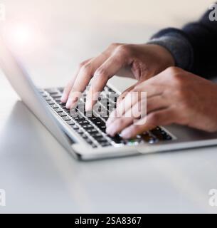 Man, laptop and hands for programming code in office, web development and online for writing html. Male person, typing and software update in Stock Photo