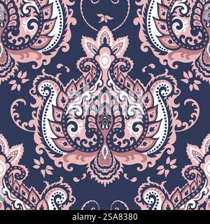 Symmetrical paisley ornament with leaves, branches and blooms. Floristic damask motif for making carpets and other decor items. Seamless pattern, wallpaper or background print. Vector in flat style. Floristic motif, paisley floral background print Stock Vector