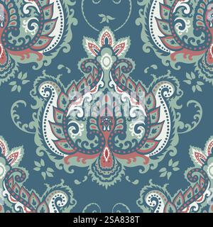 Symmetrical ornament stylized with leaves, branches and blooms. Floristic motif for making carpets and wall and floor tiles. Seamless pattern or print, background or wallpaper. Vector in flat style. Floral decoration, paisley design seamless pattern Stock Vector