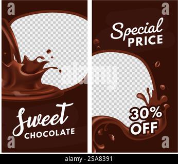 Blank frames for advertisement, sweet chocolate special price discount on products. Thirty percent off cost on selected products. Transparent background for custom copy space. Vector in flat style. Special price on sweet chocolate, blank frames Stock Vector