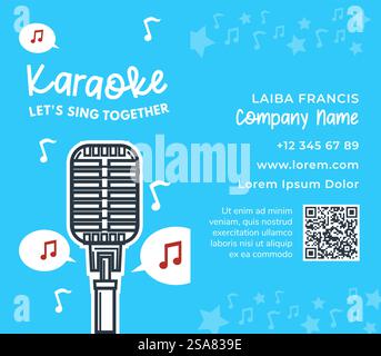 Karaoke club lets sing together, company name and qr code for more information. Website and phone number of owner. Business or visiting card, promotion branding and marketing. Vector in flat style. Lets sing together, karaoke club business card Stock Vector