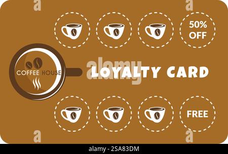 Get free cup at cafe or restaurant, coffee shop offer for clients. Loyalty card, mugs for customers. Tasty aromatic beverage for drinking. Promotional banner, advertisement vector in flat style. Loyalty card of coffee house, free cup as gift Stock Vector