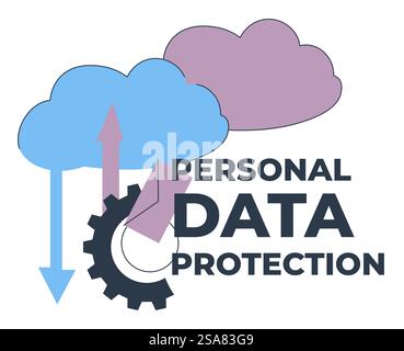 Cloud service for company for personal data protection and security. Isolated gear and emails, saving information on computers and servers. Organization decisions. Vector in flat style illustration. Personal data protection, company cloud service Stock Vector
