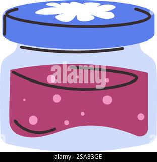 Strawberry or raspberry jam in glass jar with lid, isolated homemade natural and organic dessert and addition to dishes and pastry products. Cooked fruits and berries with sugar. Vector in flat style. Fruit jam in glass jar with lid, organic dessert Stock Vector