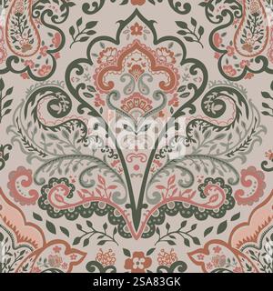 Symetrical ornament stylized with leaves, branches and blooms. Floristic motif for making carpets and other home decor items. Seamless pattern, wallpaper or background print. Vector in flat style. Floristic motif with blooming flowers and leafage Stock Vector