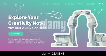 Online lessons and course for boosting creativity. Classes for students and pupils, info about history of art and architecture. Website landing page, internet site template. Vector in flat style. Try online course for creativity, lessons web Stock Vector