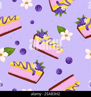 Blueberries and blooming flowers, slice of cake with icing. Fruit cheesecake. Tasty dessert for celebration or special occasion. Seamless pattern print, wallpaper background. Vector in flat style. Slice of blueberry cake, fresh berries and flowers Stock Vector