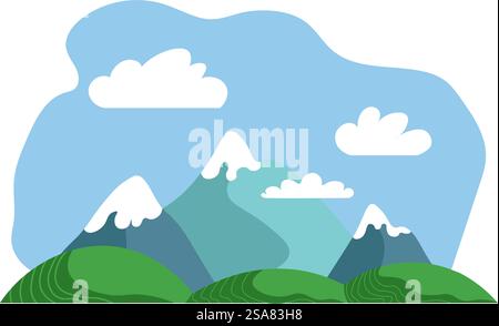 Wilderness landscape with mountain peaks covered with snow, forests and fields. Nature and rest, vacation and hiking trip destination, cartoon view or mountainous scenery. Vector in flat style. Mountains landscape, nature view scenery vector Stock Vector
