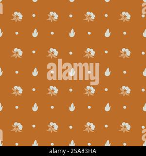Blooming composition with leaves and foliage. Design for carpet, textile fabric. Minimalist floral motif made of tiny wildflowers. Seamless pattern, wallpaper or background print. Vector in flat style. Minimalist floral composition with meadow flowers Stock Vector