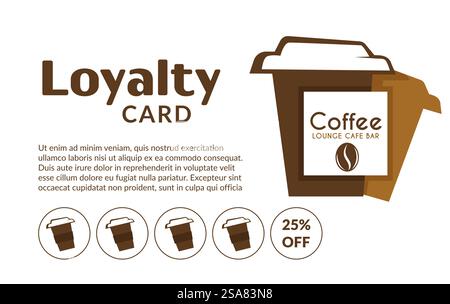 Coffee shop or store loyalty card with number of cups and twenty five percent discounts. Details about promotion, sale and reduction of price for clients and customers. Vector in flat styles. Loyalty card with sale for next cup of coffee Stock Vector
