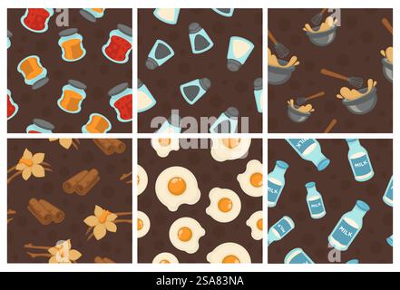 Seamless banner set with flat food ingredient. Colorful jam jars, eggs, milk at decorative pattern collection, vector illustration. Background decoration with dough, baking products. Seamless banner set with flat food ingredient Stock Vector
