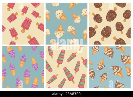 Background decoration set with flat ice cream. Colorful cold dessert elements at decorative pattern collection, vector illustration. Seamless banner with summer meal in waffle cones, sticks. Background decoration set with flat ice cream Stock Vector