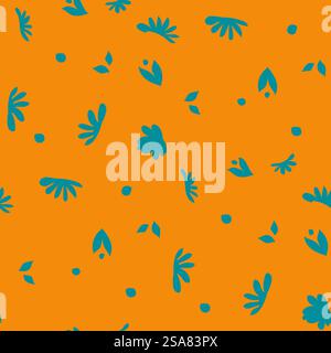 Minimalist leaves and blooming floral elements, simple composition with flora and blossom. Flourishing ornament for decor. Seamless pattern, wallpaper or background print. Vector in flat style. Simple blooming flowers and branches patterns Stock Vector