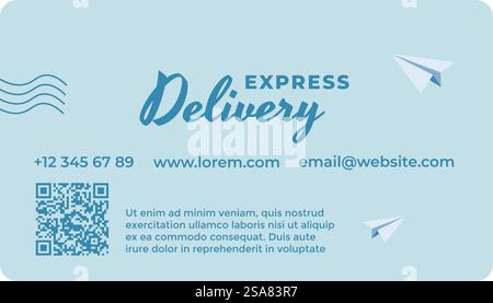 Delivery service, express courier. Paper with company information, qr code for details and phone personal number. Business or visiting card, advertisement or branding banner. Vector in flat style. Express delivery business card with qr code vector Stock Vector