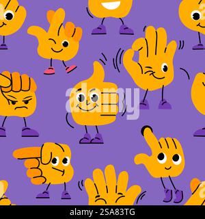 Character in shape of hand smiling and expressing emotions. Emoticons with smile and anger, winking face and okay gesture. Seamless pattern print, background or wallpaper. Vector in flat style. Hand character gesturing, seamless pattern print Stock Vector