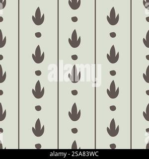 Floral ornament motif with leaves and flowers, branches and vertical stripes. Modern decoration for materials and fabrics. Seamless pattern, wallpaper or background print. Vector in flat style. Minimalist floral ornament with leaves and stripes Stock Vector