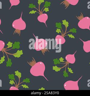 Farm beetroots with leaves, organic and natural vegetable for eating healthy and dieting. Ingredient for cooking and consuming. Seamless pattern, wallpaper print or background. Vector in flat style. Beetroots with leaves, vegetables seamless pattern Stock Vector