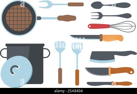 Essential items in kitchen, wide variety of types, designs for culinary tasks. Frying pan and casserole, knives for meat and spatula, whisk and barbeque fork for grilling. Vector in flat style. Kitchen utensils, specialized tools, food making Stock Vector