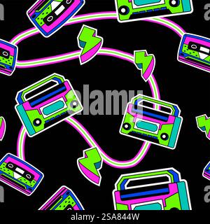 Boombox portable device for listening and recording music and flash bolt. Composition of modern objects, sale on gadgets. Seamless pattern, wallpaper print or background. Vector in flat style. Bright composition of flash bolts and boombox Stock Vector