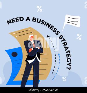 Planning and making strategy for business startup or new project completion. Promotional banner or advertisement with entrepreneur or businessman with corporation ideas. Vector in flat style. Business strategy promotion or advertising banner Stock Vector