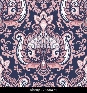 Symmetrical Damask ornament stylized with leaves, branches and blooms. Floristic motif for making carpets and wall tiles. Seamless pattern, wallpaper or background print. Vector in flat style. Damask floristic ornament with leaves and flowers Stock Vector
