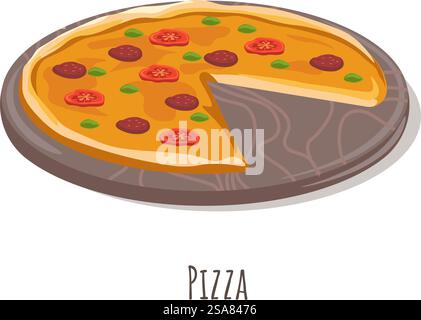 Pizza with pepperoni, basil leaves, tomatoes and cheese. Italian authentic recipe of food with dough, meat and vegetables. Dish for breakfast and dinner, restaurant assortment. Vector in flat style. Italian pizza with pepperoni and tomato slices Stock Vector