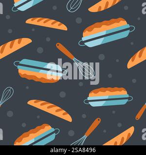 Bakery house products and whisk, tasty fresh bread and pie from shop or store. Pies and baguettes, delicious food for dieting. Seamless pattern, wallpaper print or background. Vector in flat style. Bread, pie from bakery house and whisk pattern Stock Vector