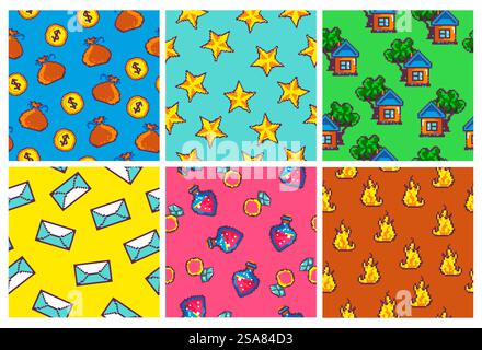 Decorative pattern design set with pixel elements. Colorful background decoration collection with gaming objects, vector illustration. Seamless banner with vintage games decor. Decorative pattern design set with pixel elements Stock Vector