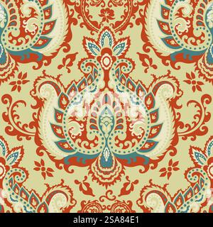 Paisley foliage and flowers in blossom. Design for carpet, tiles and other home decor items. Textile fabrics material. Seamless pattern or print, background or wallpaper. Vector in flat style. Paisley floral decoration, seamless pattern print Stock Vector