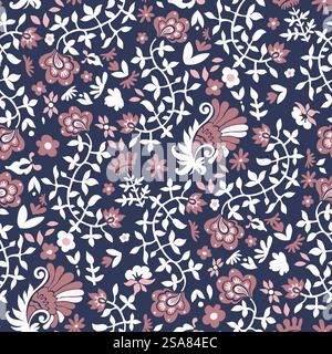 Blooming flowers and botany. Paisley in blossom, leaves and foliage, stems and buds. Flourishing and ornamental decor, adornment. Seamless pattern, wallpaper or background print. Vector in flat style. Flowers in blossom, leaves and floral paisley Stock Vector