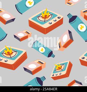Camping stove portable cooking instrument. Matches in box and gas in ballon. Cooking outside while traveling and hiking. Seamless pattern, background print or wallpaper. Vector in flat style. Portable camping stove and matches, pattern print Stock Vector