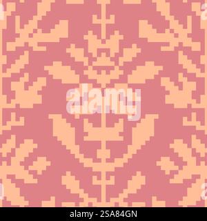 Pixel flower composition with leaves and branches, stems and twigs, leafage swirls. Game design or embroidery scheme. Seamless pattern, pixelated wallpaper or print background. Vector in flat style. Blossom and flora, pixelated flower composition Stock Vector